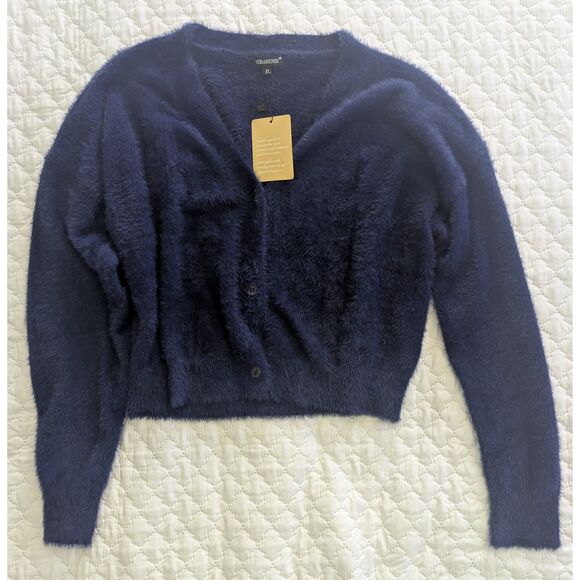 🧵 VERABENDI Navy Cropped Button Cardigan Sweater Size XL - Picture 1 of 7
